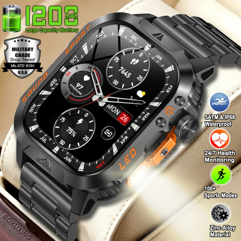 New Military Rugged Smart Watch Men 1200 mAh Battery Fitness Tracker 5ATM Waterproof Health Monitor Smartwatches For iOS Android