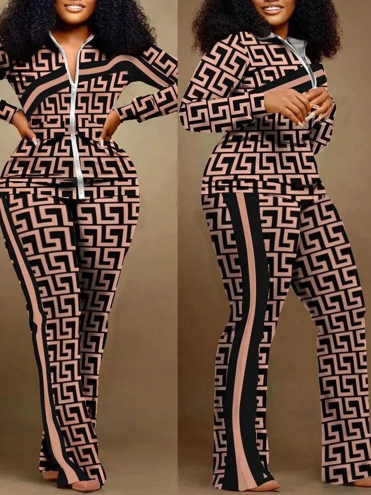 Spring Autumn Two Piece Sets Womensgeometric Print Zip Up Top Coat & Pants Set Outifits Fashion Tracksuits Casual Elegant Suit