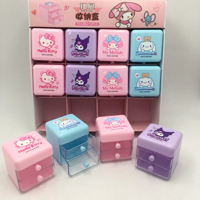 Sanrio Hello Kitty Mini Organizer Cartoon Cinnamoroll Melody Double Layer Jewelry Stickers Organizer Box Girls Gifts