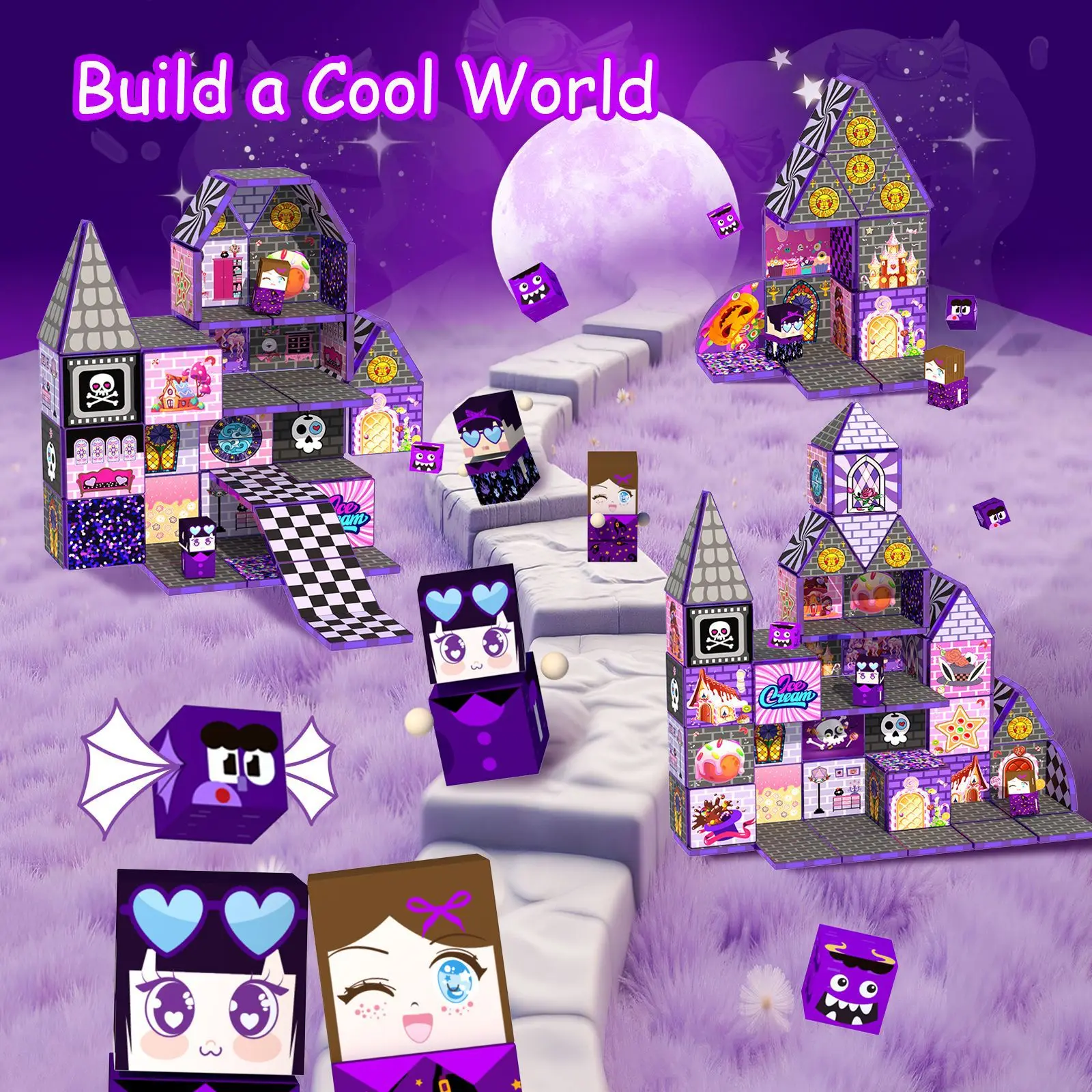 บล็อกแม่เหล็ก ตัวต่อบ้านตุ๊กตา ของเล่นตัวต่อแม่เหล็กสำหรับเด็ก ของเล่น STEM แม่เหล็ก ของขวัญวันเกิดสำหรับเด็กอายุ 3 ปีขึ้นไป ปราสาทผีสิง