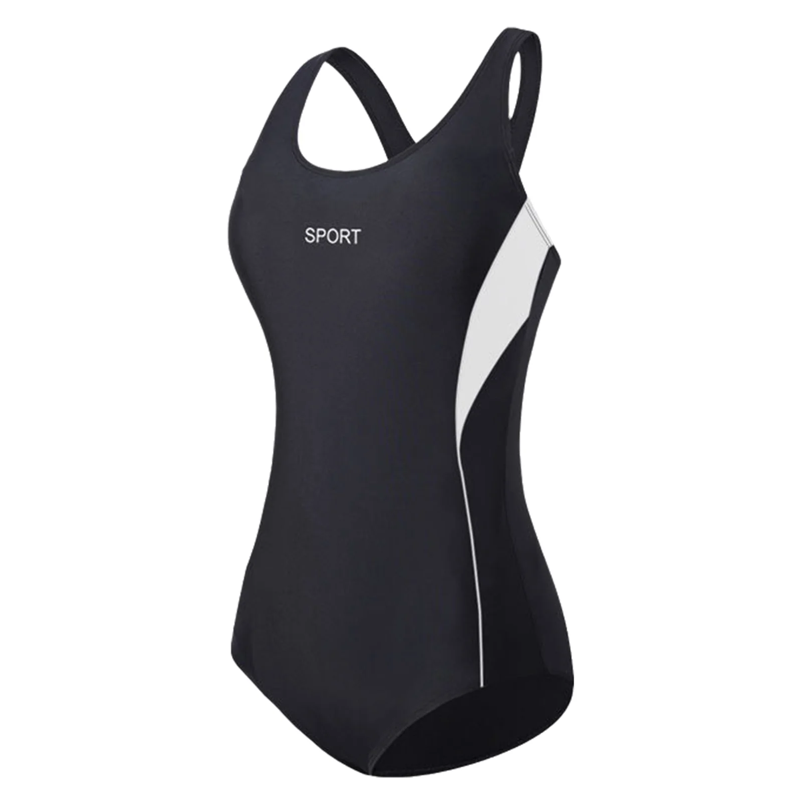 

Women Swim Leotard Contrast Color One-Piece Swimsuit U Neck Sleeveless Cutout Back Bodysuit Swimwear with Removable Chest Pads