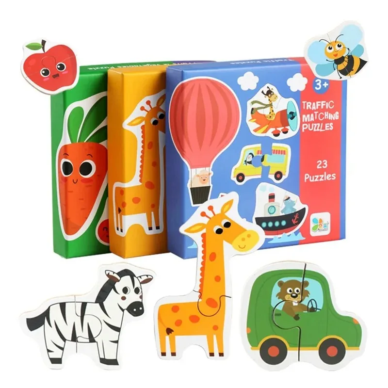 Kids Wooden Montessori Jigsaw Matching Puzzle Toy Game Baby Early Learning Cognition Animal Fruit Traffic Educational Gifts