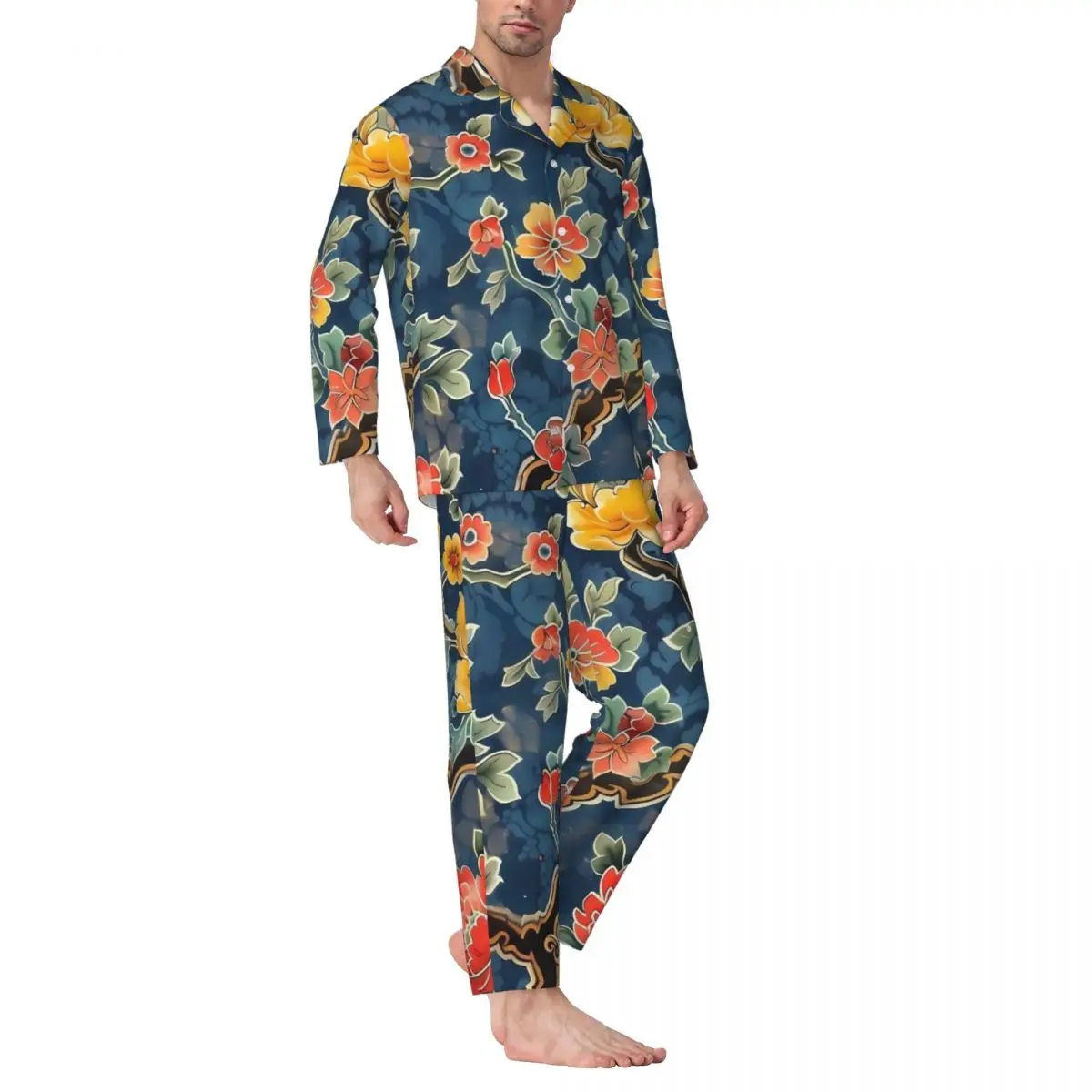 Rétro japonais Art vêtements de nuit printemps fleurs imprimer rétro surdimensionné pyjama ensembles hommes à manches longues confortable quotidien motif vêtements de nuit