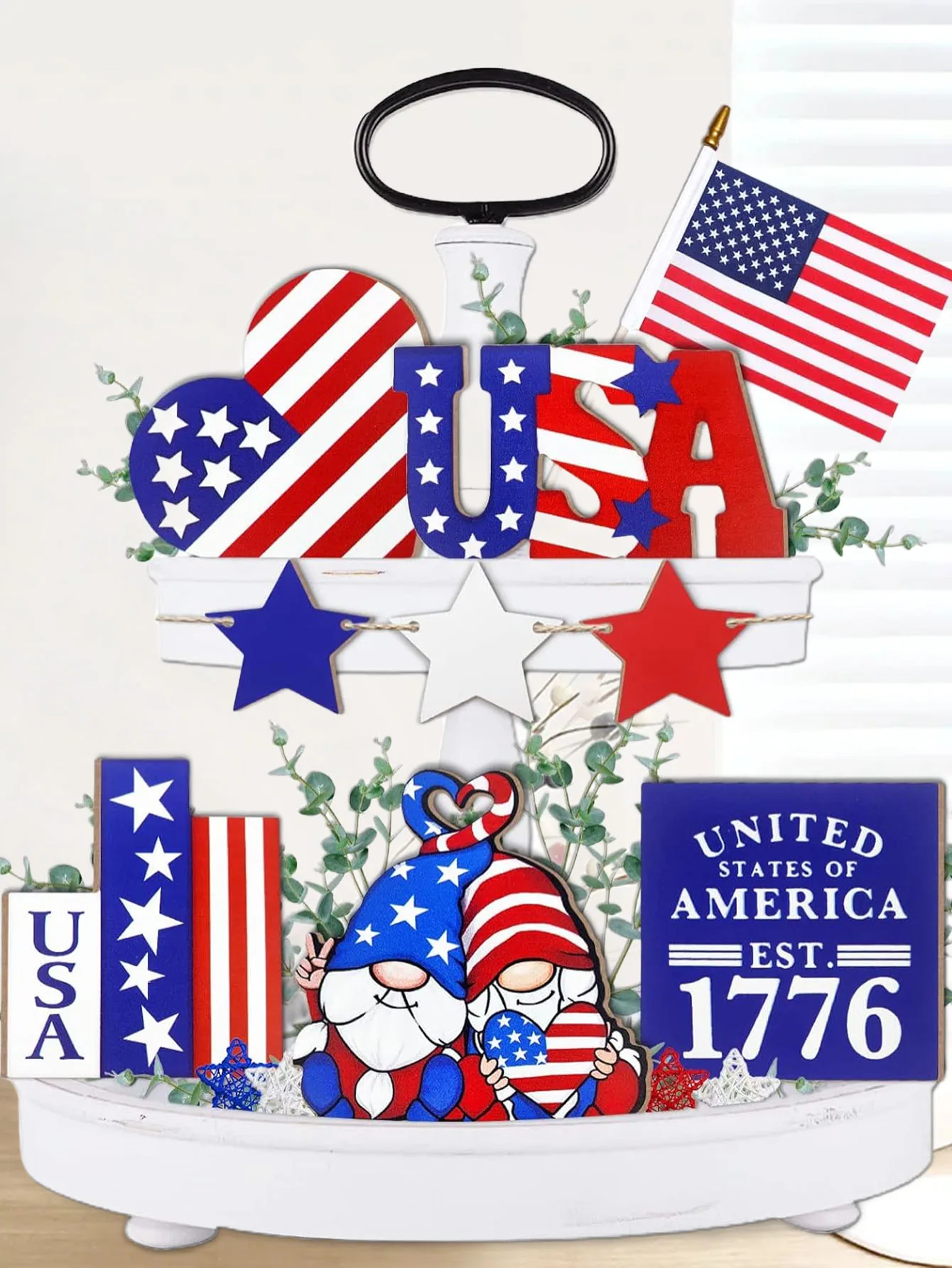 Vintage Style Patriotic Tiered Tray Decor Set, Wooden American Independence Day Mini Signs, 4th of July Tabletop Accents