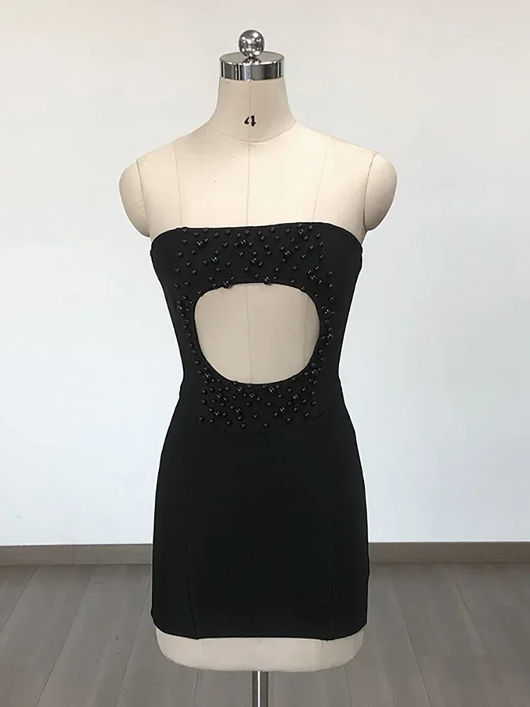 Sexy Strapless Uitgesneden Kralen Mini Bandage Jurken Voor Vrouwen Zwarte Mouwloze Zomer Bodycon Elegante Avond Feest Club Jurk