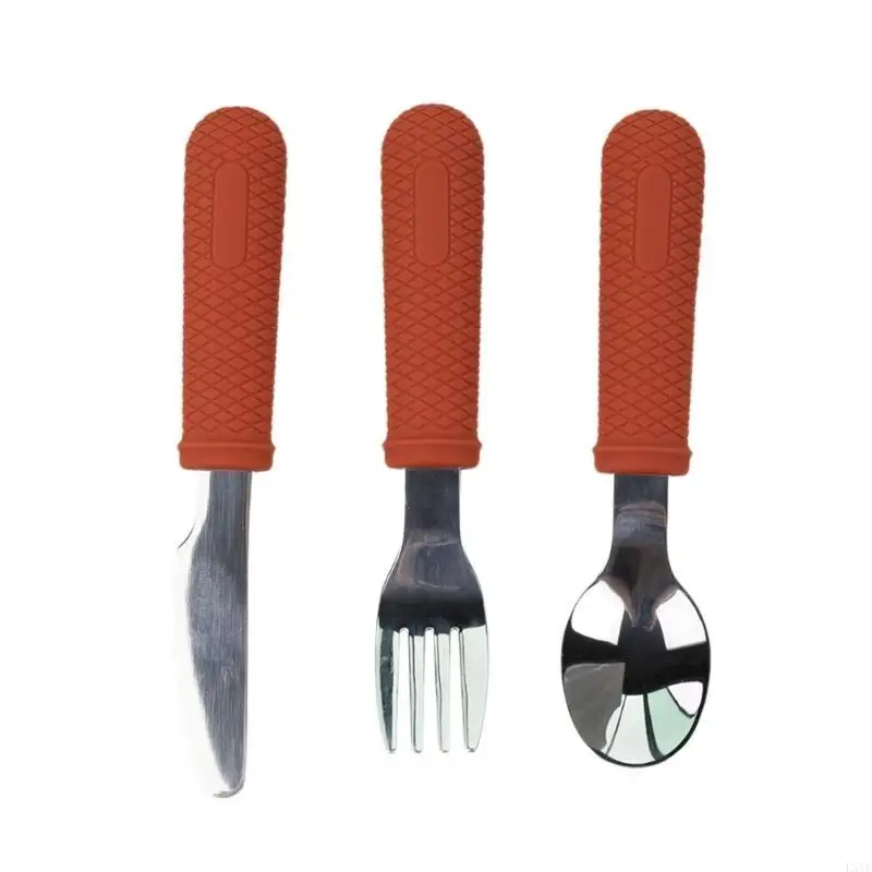 L5YF مقبض سيليكون للأطفال الصغار مع مجموعة شوكة وملعقة وأدوات مائدة من الفولاذ المقاوم للصدأ