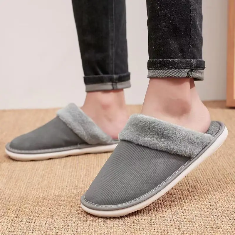 

Winter New Men Leather Baotou Cotton Slippers Waterproof Non Slip Plush Keep Warm Soft Sole Home Slippers Fluffy Slippers
