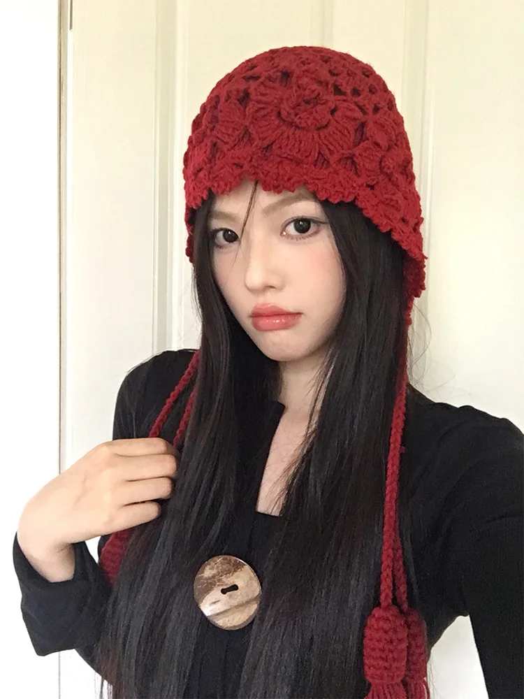 Travel Knitted Woolen Hat Women's Autumn Winter Ear Protection Small Face Tassel round Top No Brim Fisherman Cap Casual Style