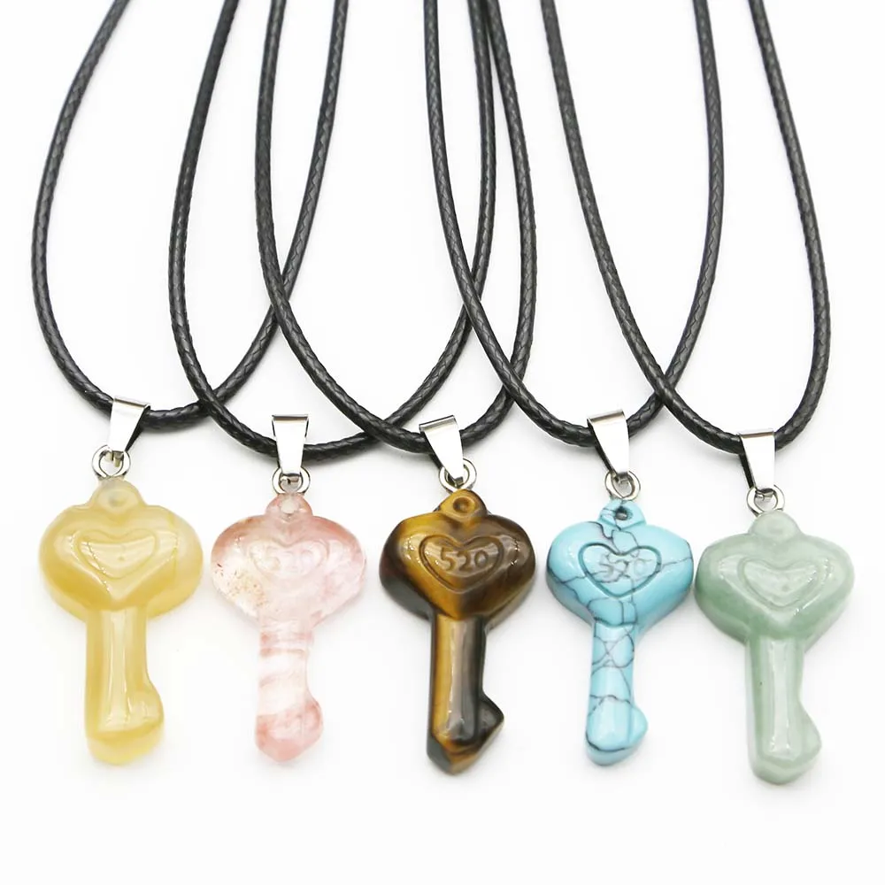 

Natural Stone 520 Love Heart Keychain Leather Rope Pendant Necklace Crystal Agate Charms Jewelry Accessories Gift Wholesale 6Pcs