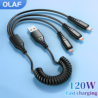 120W 3 in 1 Fast Charging Cord For iPhone Huawei Micro USB Type C Charger Cable Multi Usb Port Multiple Usb Spring Charging Cord