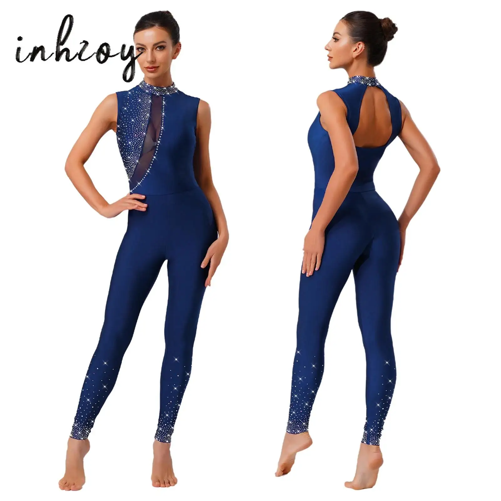 

Women Acrobatic Gymnastics Unitard Jumpsuit Bodysuit Glittery Rhinestone Sleeveless Bodycon Rompers for Yoga Workout Competition