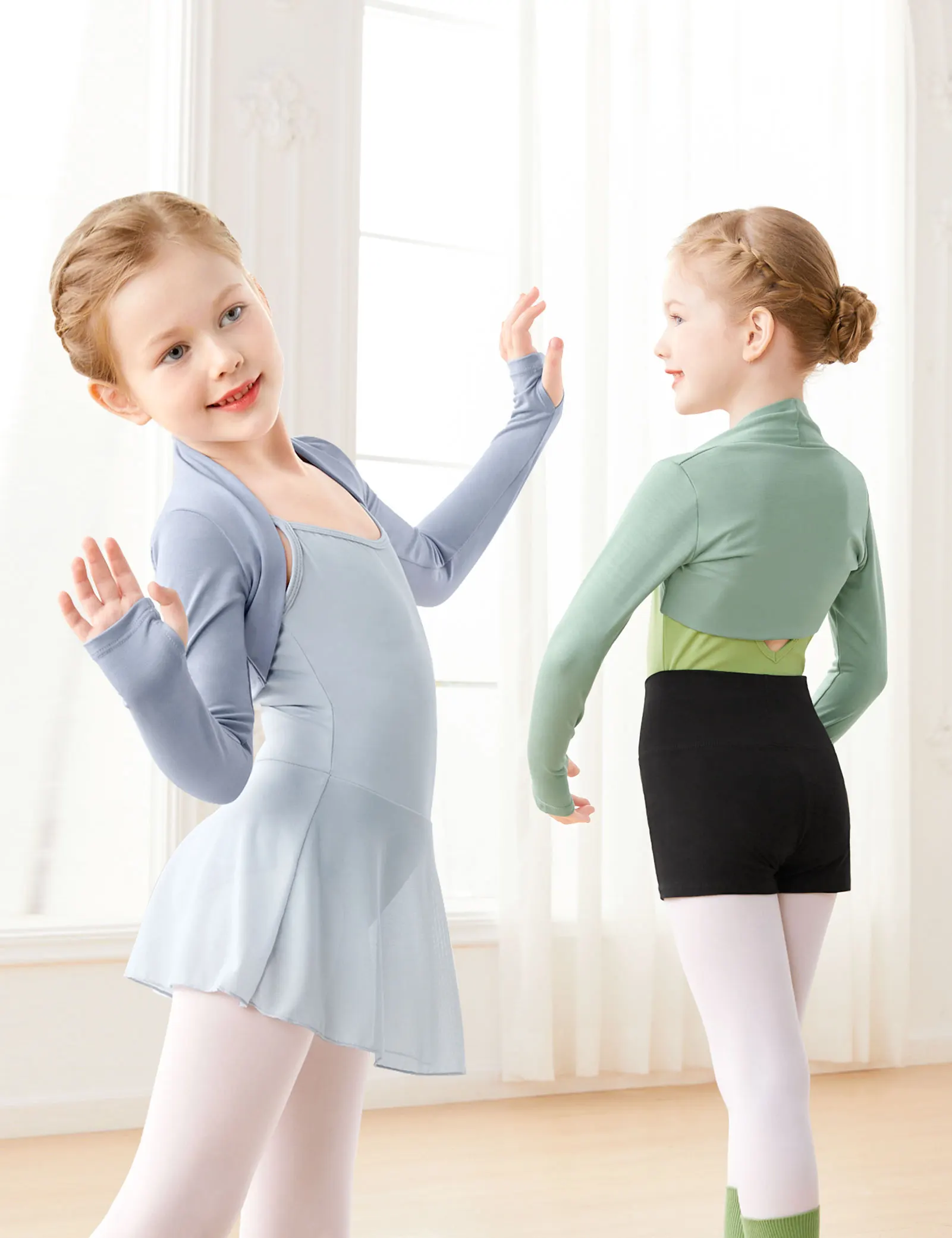 Meninas elegantes ballet topos mangas compridas dança xale atletismo prática treinamento envoltório casaco crianças camisa trajes de dança