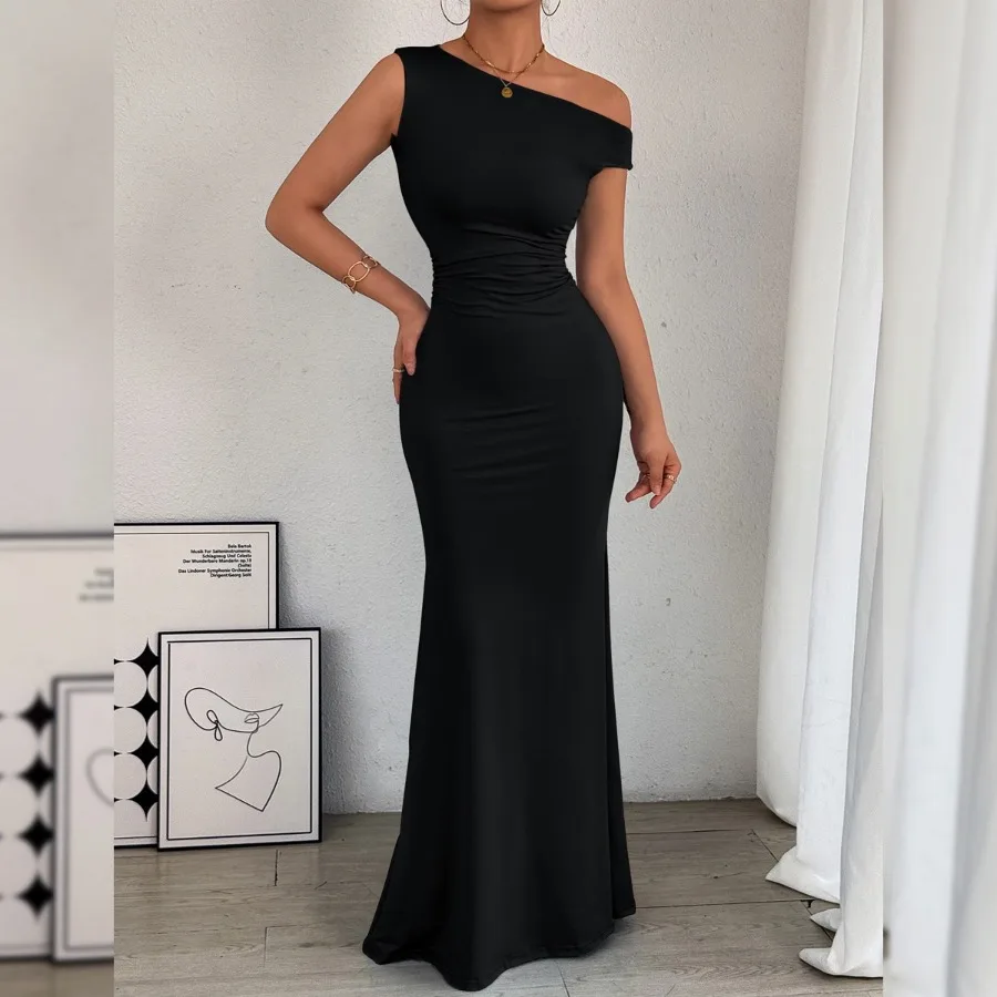 

【New style】2026 European and American - women's clothing fishtail dress hot strapless shoulder collar waist pleated sleeveless