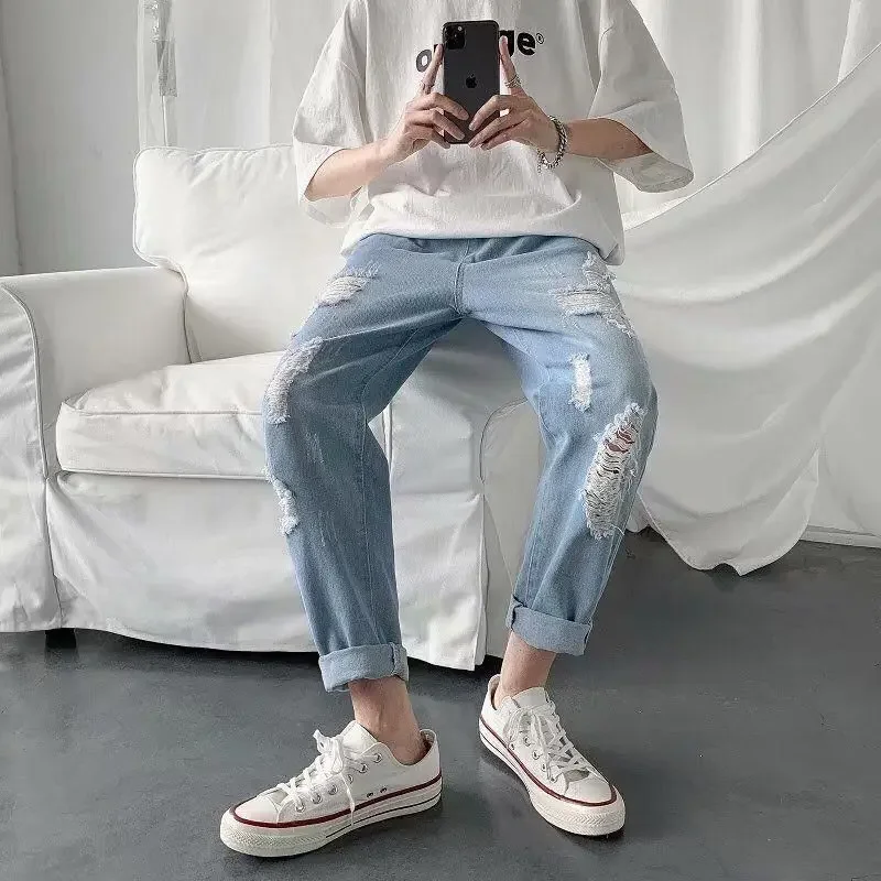 

Cropped Jeans for Men Straight Korean Fashion Grunge Y2k Trousers Stylish Trend 2025 Washed Classic Casual Goth Man Cowboy Pants