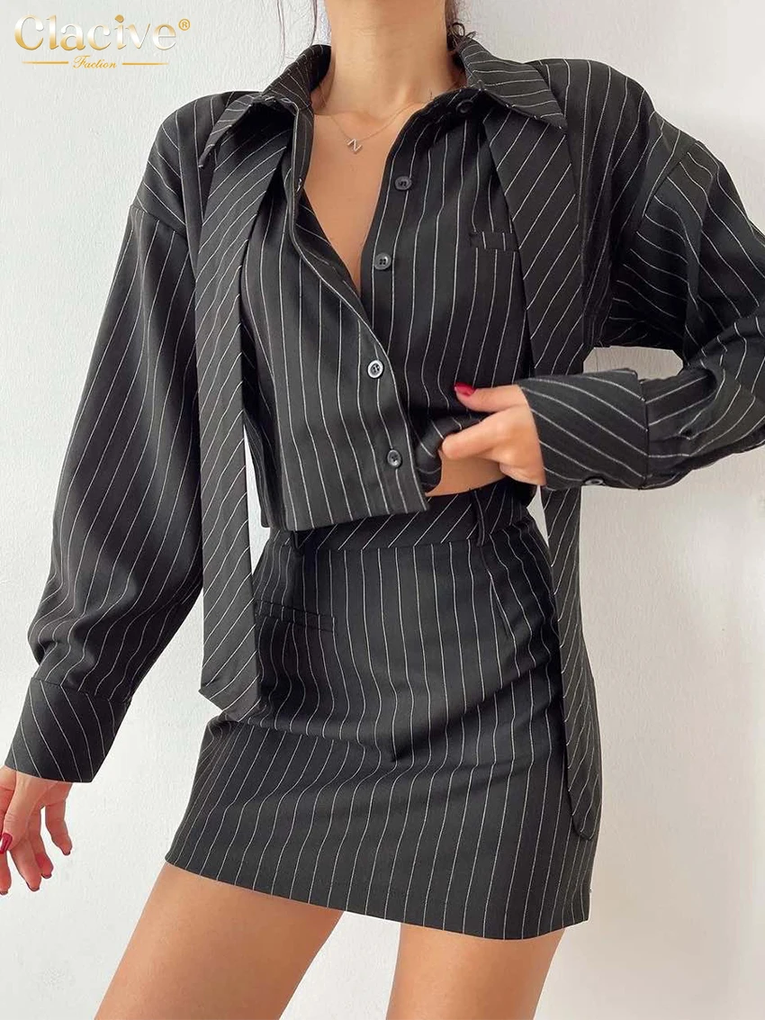 Clacive Fashion Loose Stripe Print 2 Piece Sets Women Outfit 2024 Elegant Long Sleeve Tie Shirt With High Waist Mini Skirts Set