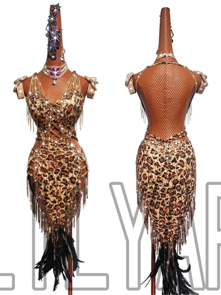 New Latin Dance Competition Performs Adult Women's Leopard Pattern Sexy Backless High End Feather Shining Diamond Skirt