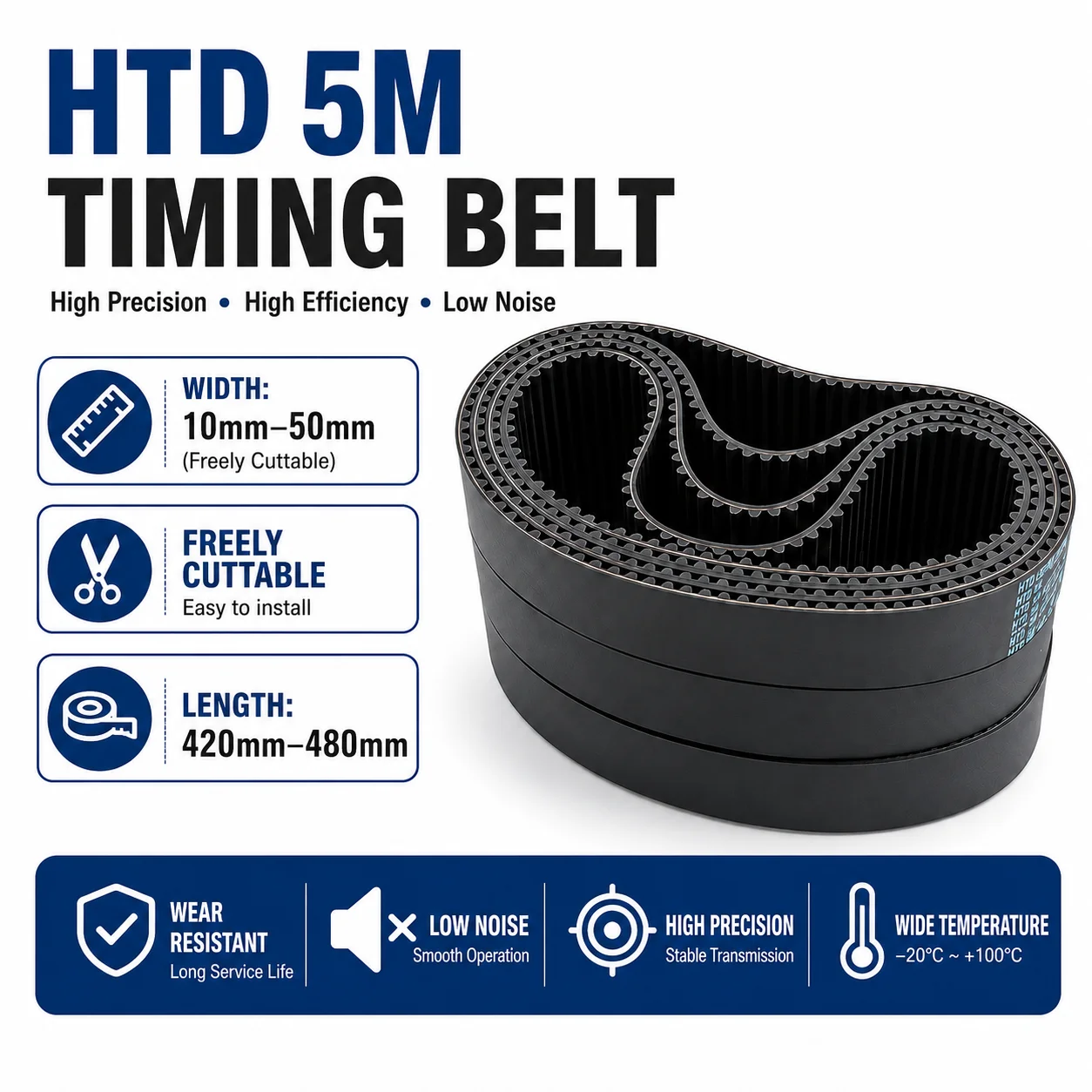 HTD 5M Closed Loop Belt Width 10mm~50mm Perimeter 420 425 430 435 440 445 450 455 460 465 470 475 480mm HTD5M Rubber Timing Belt