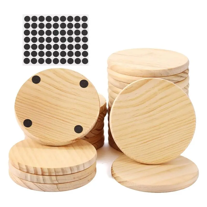ABZC-25 Pack Unfinished Wood Coasters, 4 Inch Blank Wooden Coasters Crafts Coasters With Non-Slip Silicon Dots Round Easy To Use