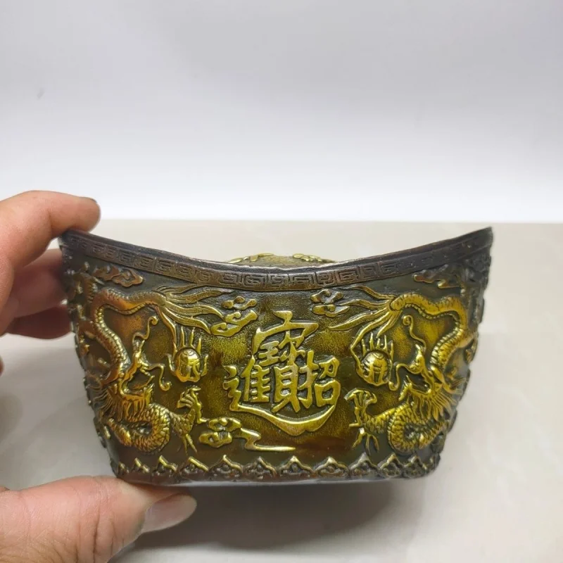 

Vintage Brass Gold Ingot Ornament Five-Way God of Wealth Wealth-Attracting Ingot Imitation Copper Dragon and Phoenix Gold 0kg De