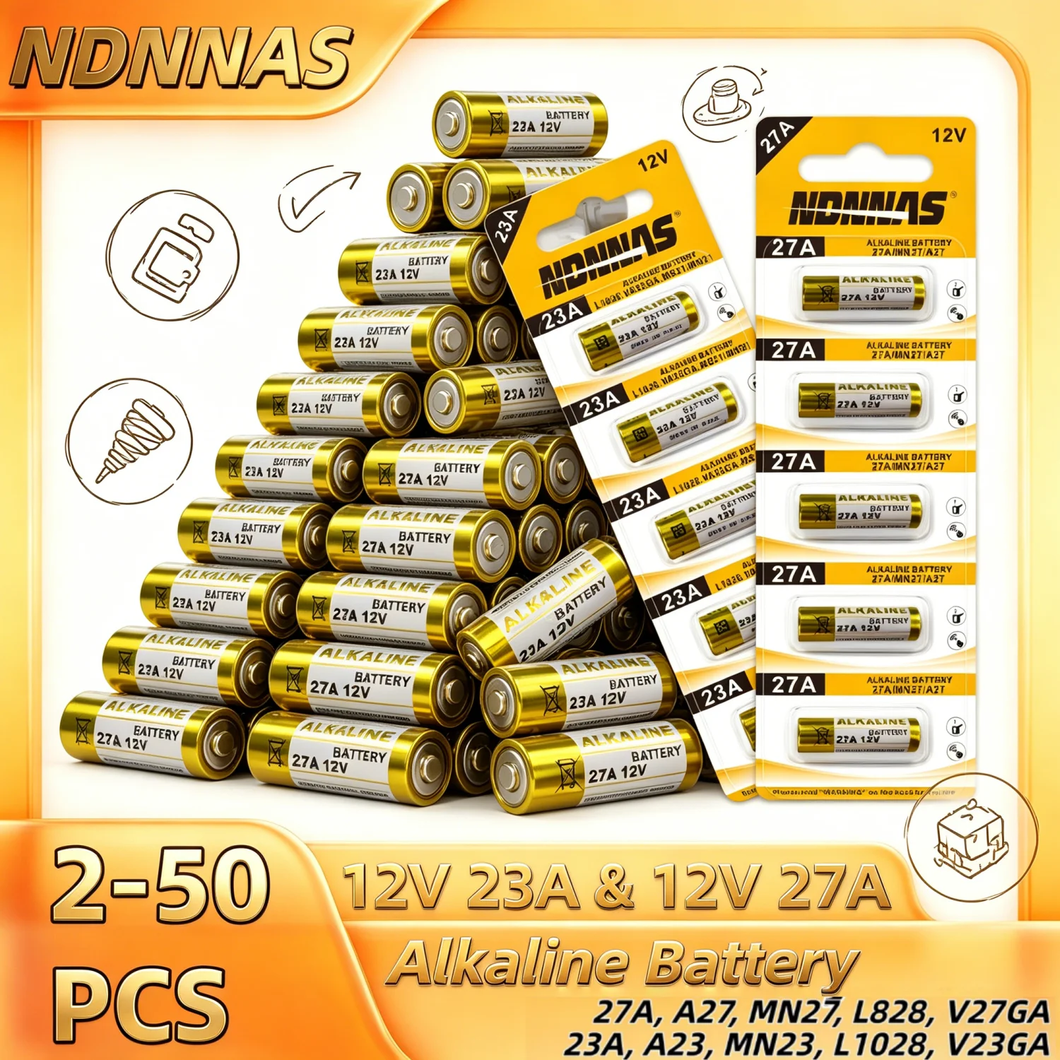 

23A 27A 12V Alkaline Battery 23GA A23S A27 27AE MN27 L828 V27GA Dry Batteries for Doorbell Car Alarm Remote Control Electronics