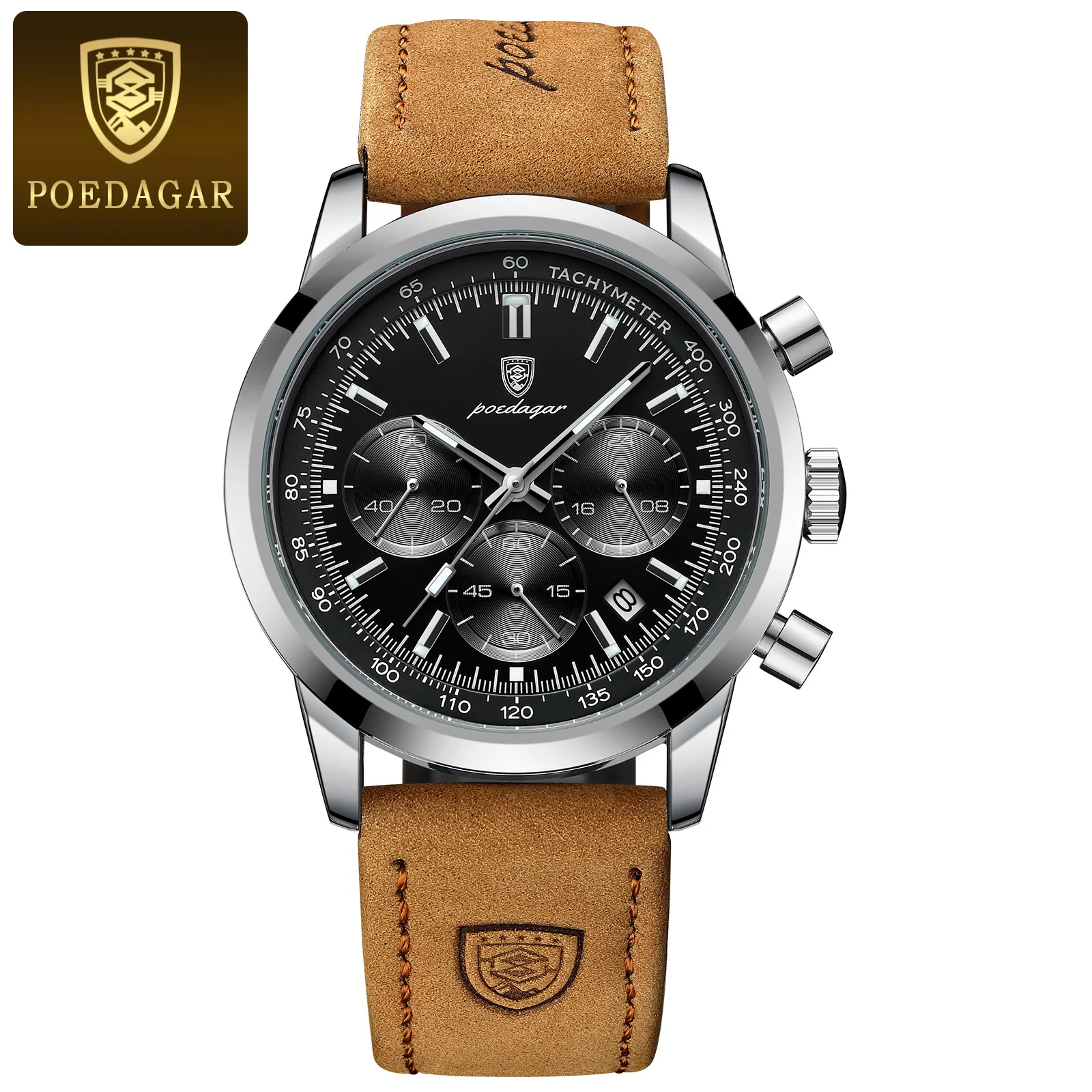 POEDAGAR Top Marke männer Quarzuhr Wasserdicht Leucht Chronograph Military Mann Uhr Luxus Mode Leder Uhren Für Männer 4
