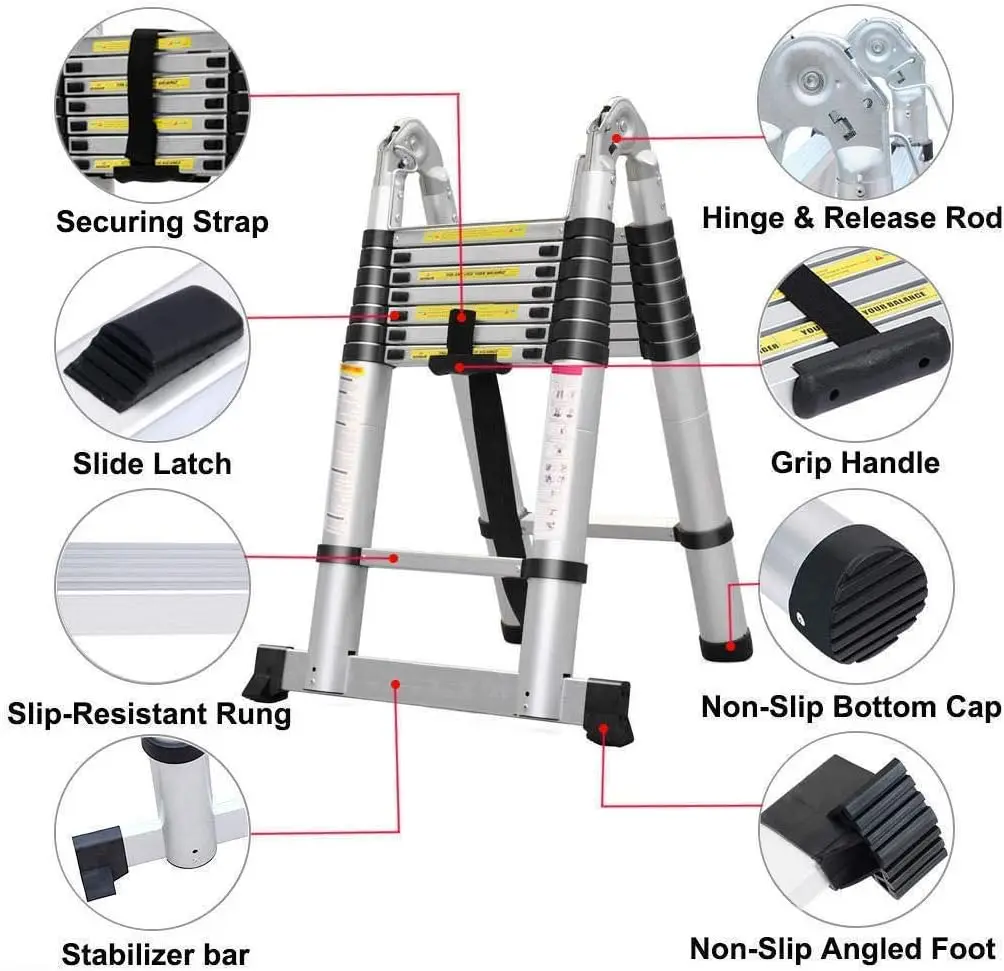 Aluminum Telescoping Telescopic Ladder 5M/16.5Ft A Frame Portable Extension Folding Multi-Purpose Heavy Duty Compact Ladder