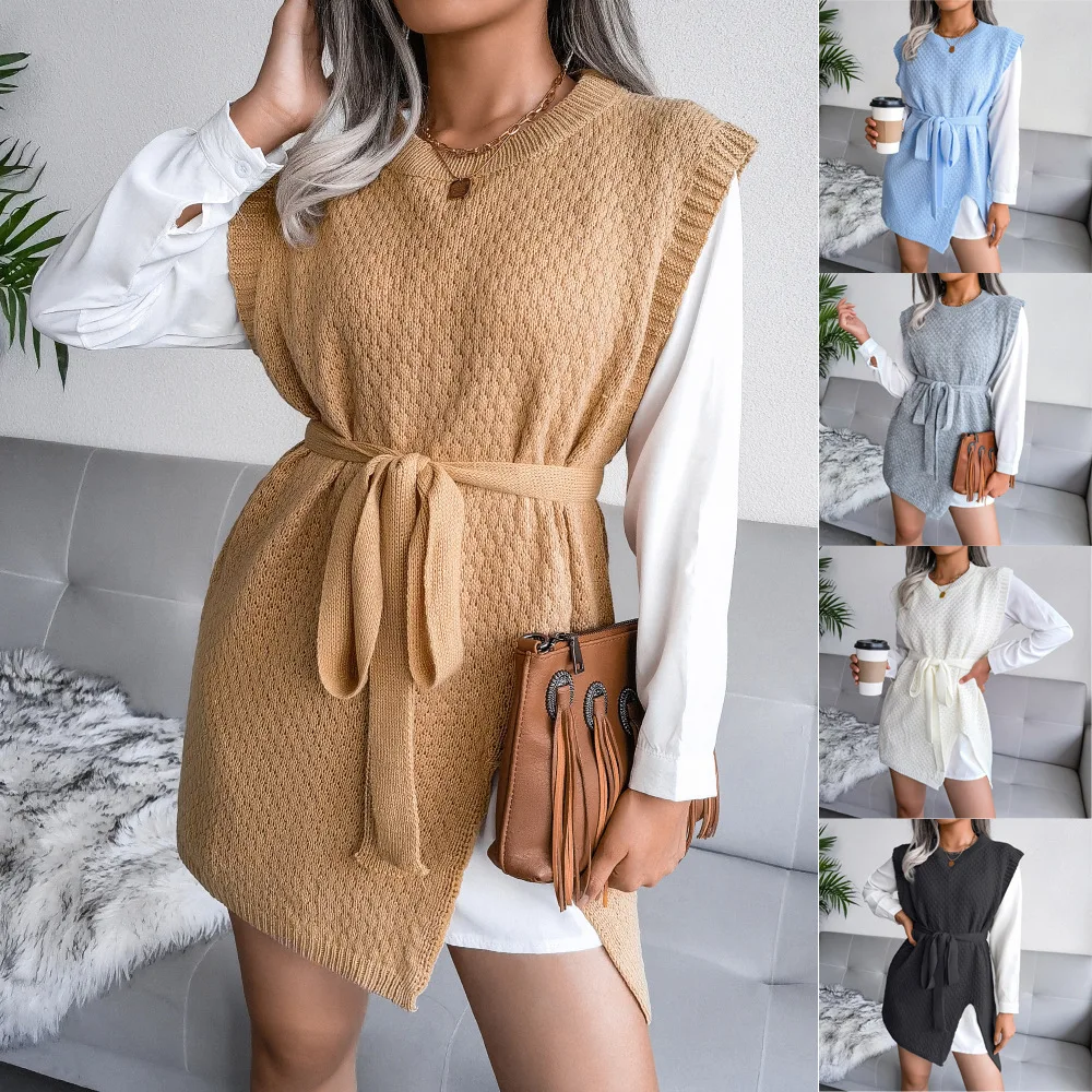 

Casual Knitted Vest Dr Belted Autumn Winter Faion Women's Single-Piece round Ne No-Sve Pure Color Spring Youthwear