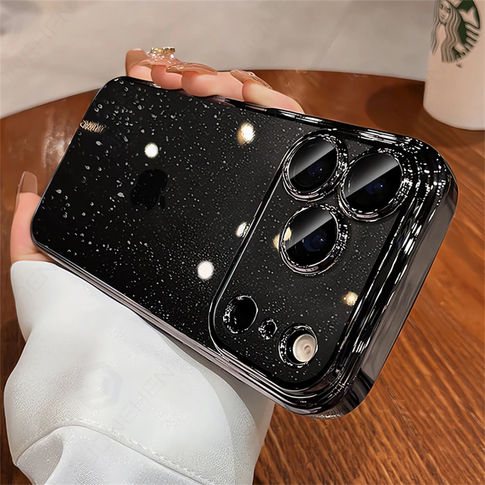 Luxuriöse Transparente Glitzer-Schutzhülle für iPhone 12 13 14 15 16 17 18 Pro Max mit Orangefarbener Beschichtung, Stoßfänger und Hartglas-Objektivabdeckung