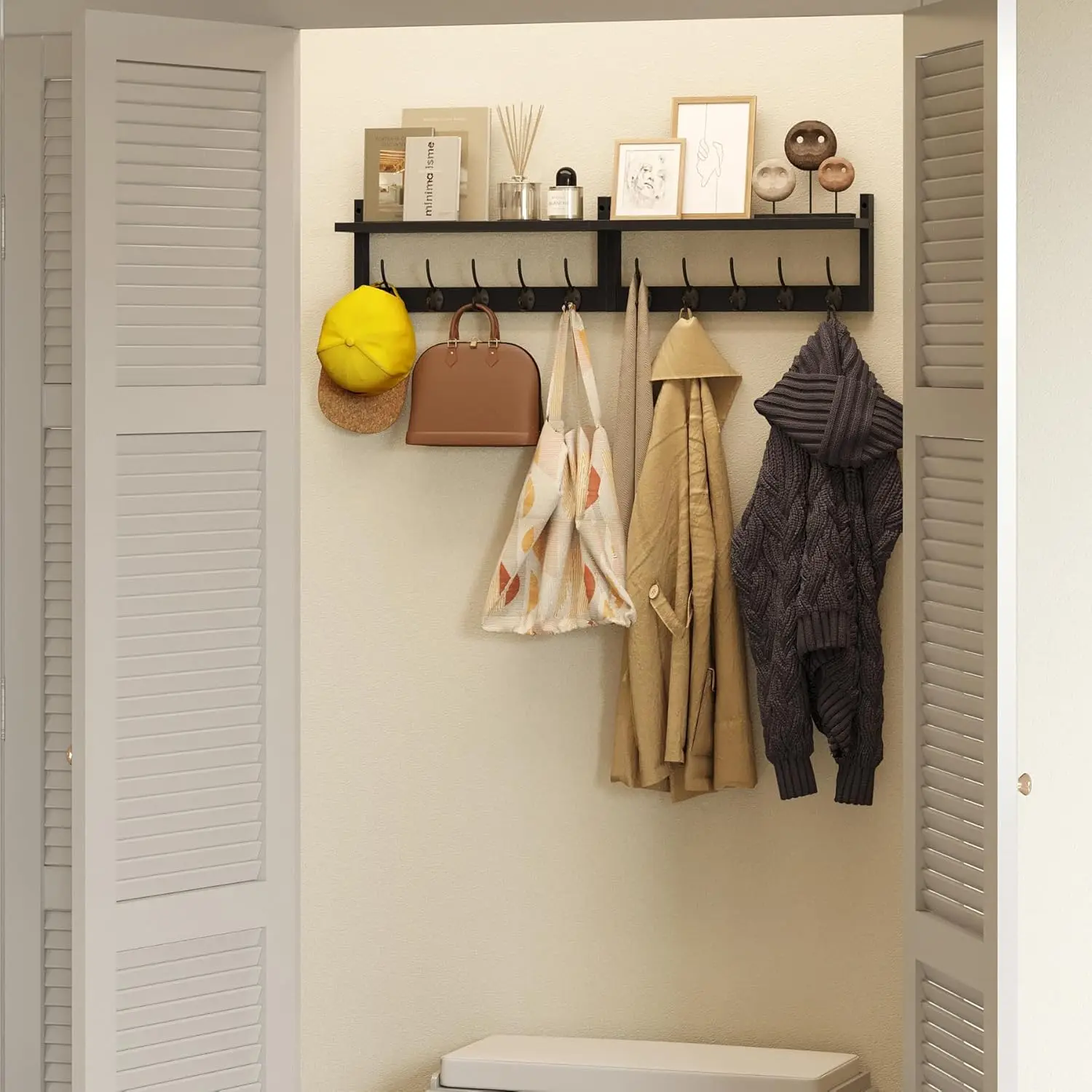 

Ambird 34.2"" Extra Long Wooden Wall Hook Rack With Shelf - Versatile And Decorative Wall-Mounted Storage With 10 Hooks For