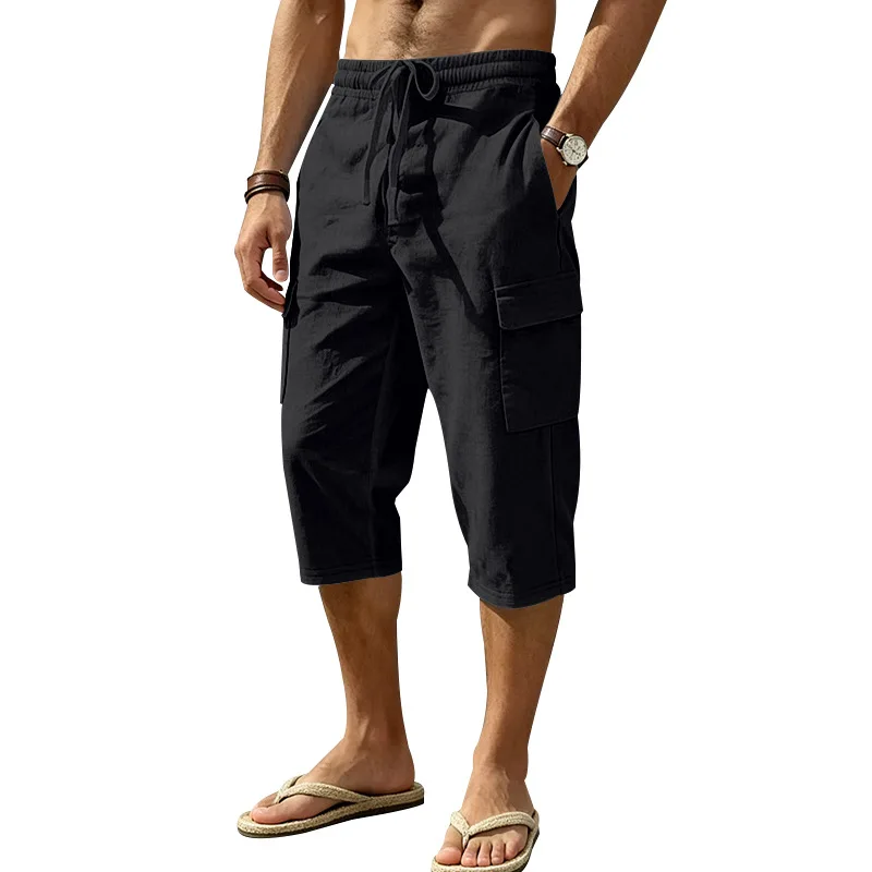 Europäische und amerikanische Sommer-Shorts aus Leinen für Herren, lässig, Outdoor, Arbeitskleidung, Pendler, Sport, Multi-Pocket, 7/8-Länge – Detail 16