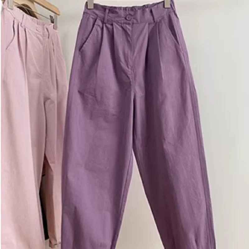 2024 Women's Clothing Summer Elastic Solid Color High Waist Harem Cotton and Linen Casual Wide Leg Pants Straight Tube Pants