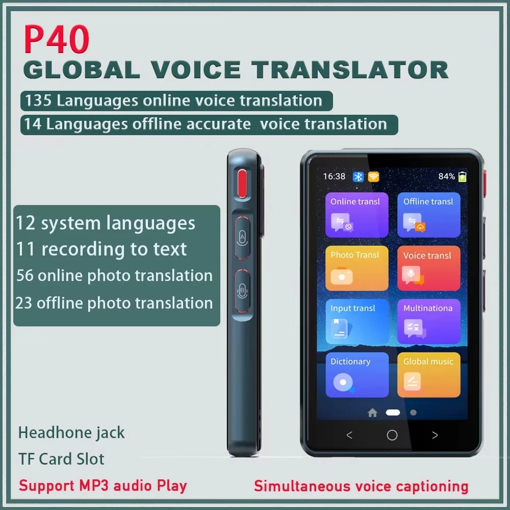 Traductor de idiomas AI P40 Traducción en línea en 135 idiomas Compatible con foto sin conexión Voz BT WIFI Traductores inteligentes en tiempo Real