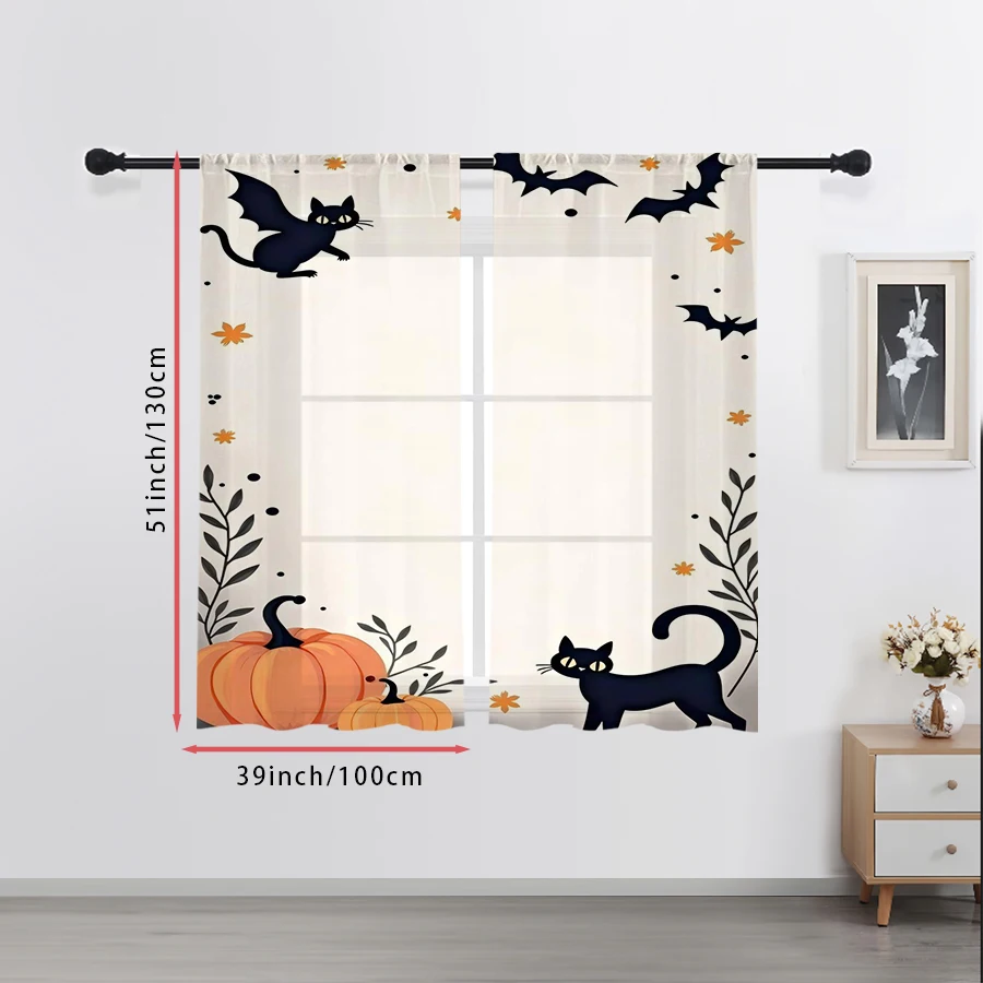 2PCS Digital Print Sheer Curtain, Cute Black Cat Bat Pumpkin Halloween Spooky Window Drapes for Living Room Bedroom Home Decor - view 3