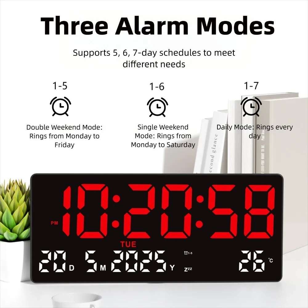

Large Digital Wall Clock Time/Date/Week/Temp Display 3 Alarm Clock LED Alarm Clock Brightness Adjustable 12/24H