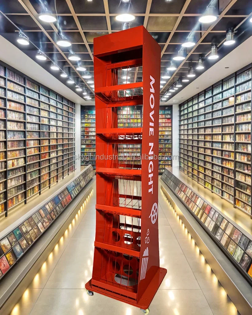 2026 Rotating Floor Metal Pocket Showcase Display Stand Rack Greeting Cards CDs Magazines-for Store Jewelry Mall Use Made MDF