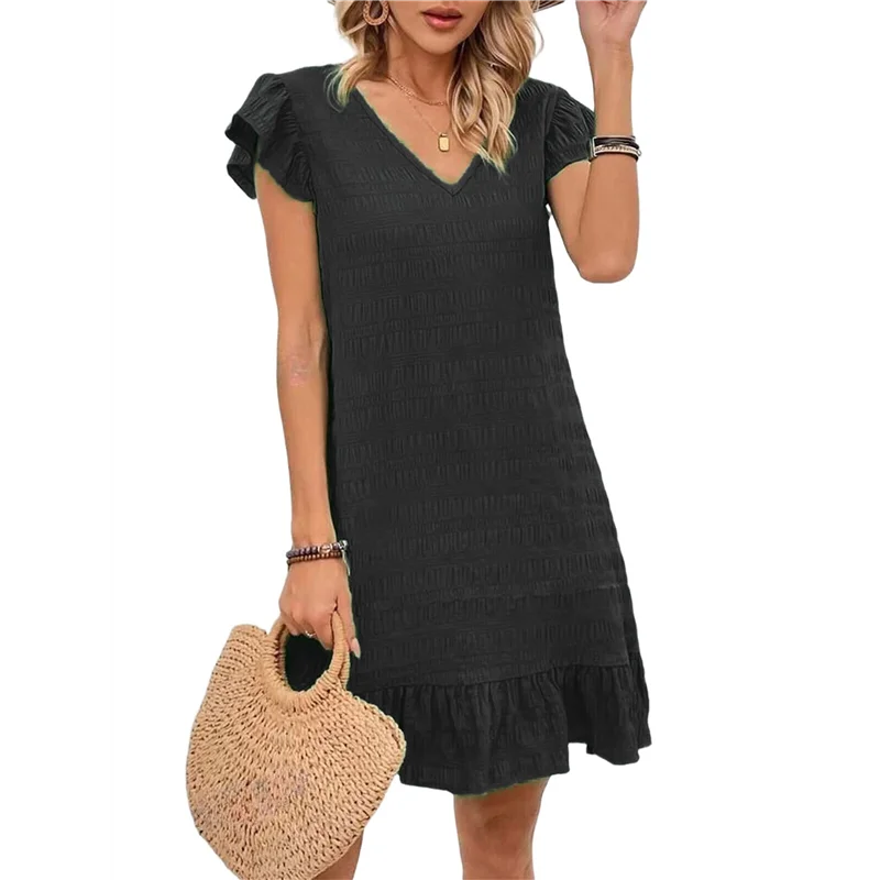 Summer Dresses For Women V Neck Cap Sleeve Ruffle Hem Smock Short Dress