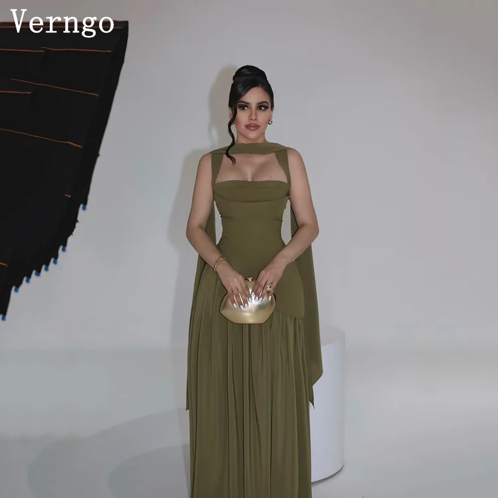 

Verngo Green Chiffon Evening Dress O Neck Sleeveless A Line Formal Occasion Dress Shawl Prom Party Gown Arabia Customized
