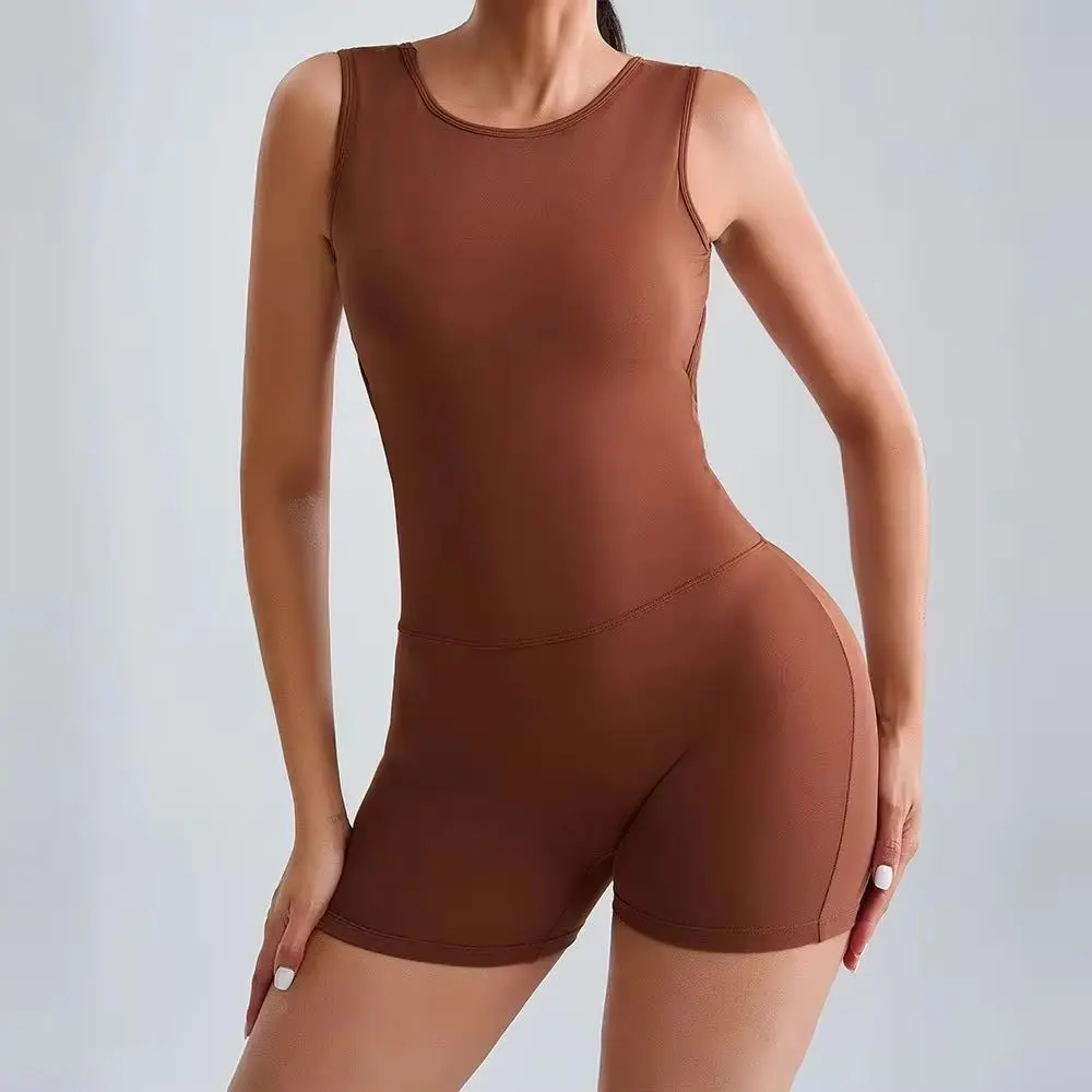 

New Women Seamless Yoga Suits Sexy Hanging Jumpsuit Backless Adjustable Sport Fitness Hip Lifting Shorts Adjustable Neck Gym Set