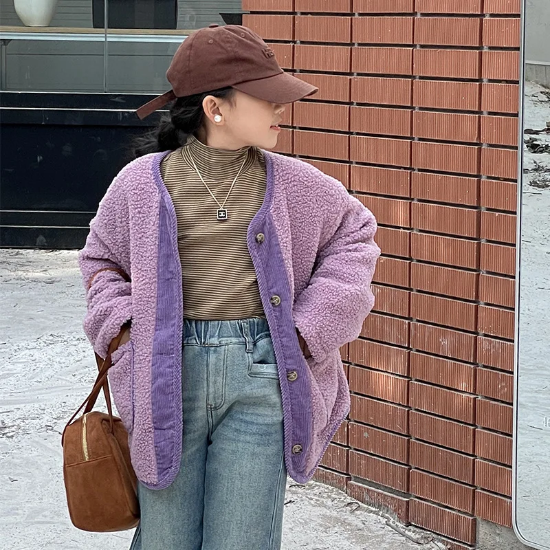 

Girls Coat Top Lamb Wool 2023 Winter New Childrens Thicking Fluffy Corduroy Both Sides Warm Sweater Fashion Casual Girls Coat