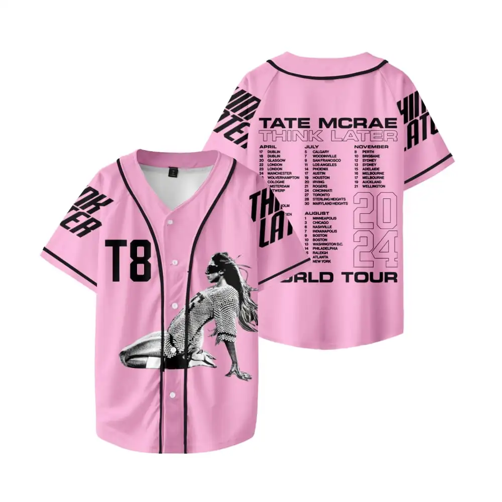 Tate McRae Think Later World Tour Baseball Jersey V-neck Pink 3D Print  Tee Shirt Streetwear Summer Man/Woman Hip Hop T Shirts