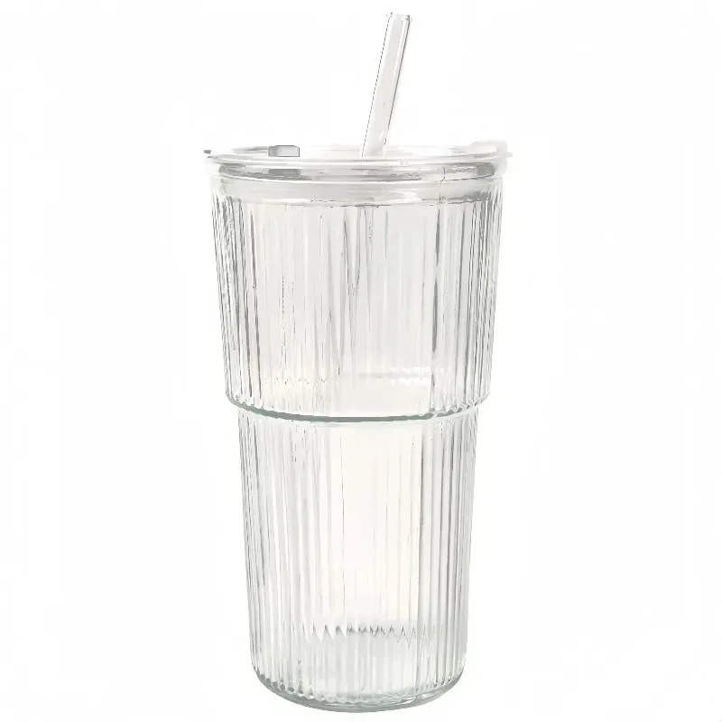 400/600ML Gestreifter Glas-Kaffeebecher Transparenter Trinkbecher mit Deckel und Strohhalm Großer Saft- und Eiskaffeebecher – Detail 15