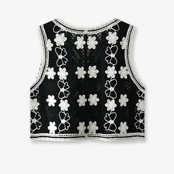 Virkad linne för kvinnor söt blommig öppen stickad kofta med knappar ärmlös jacka för kvinnor sommar bohemisk semesteroutfit 10 best sales Floral vest - №4