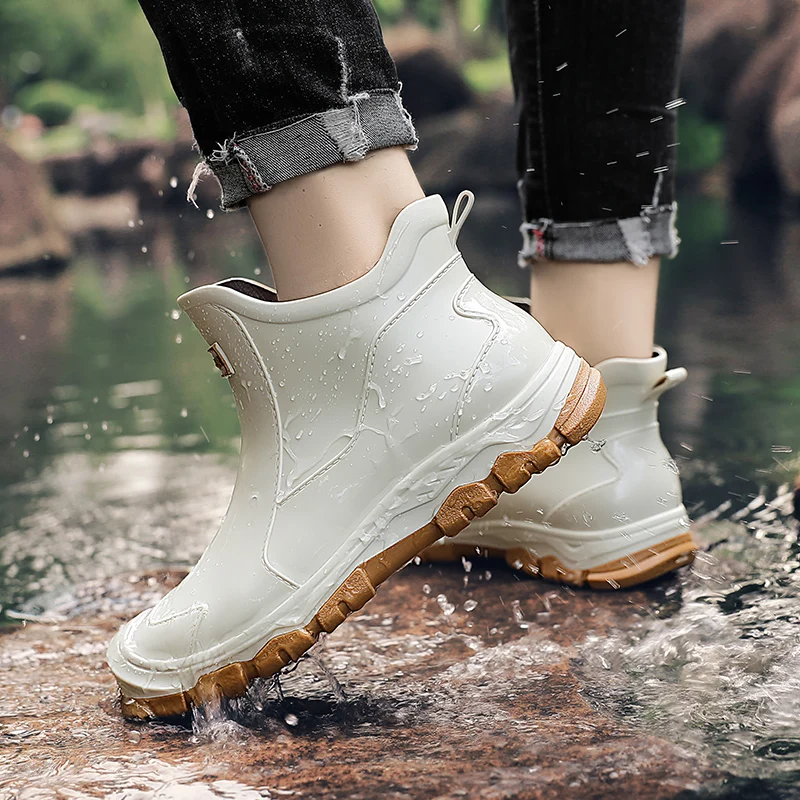 Sepatu bot hujan pria, sepatu bot Fashion luar ruangan tahan air, sepatu memancing Ankle, sepatu kerja koki, sepatu Air Anti selip