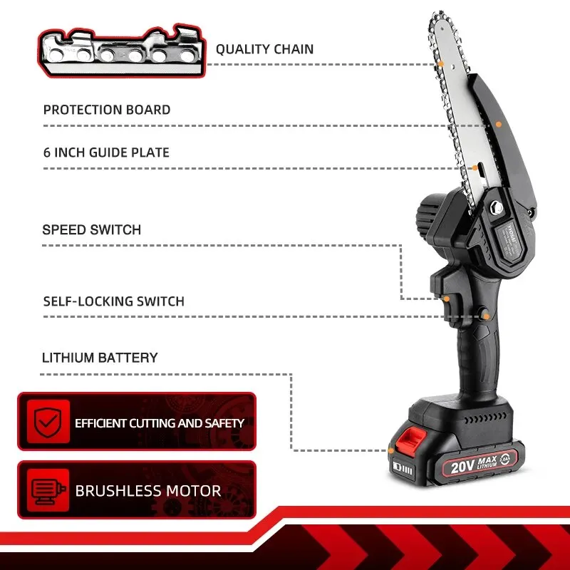 VVOSAI 20V MT-SER 6 Inch Brushless Chain Saw Cordless Mini Handheld Pruning Saw Portable Woodworking Electric Saw Cutting Tool