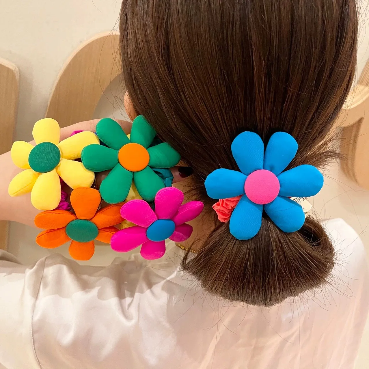 1Pc Fashion Colorful Cute Sponge Large Flower Rubber Bands with A Bell Hair Ties Girls Sweet Floral Headwear Parties Festivals