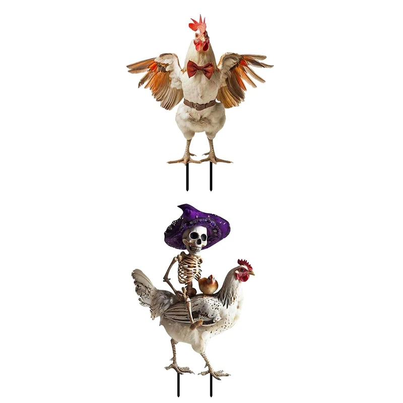 2PCS Halloween Metal Yard Decoration Skeleton Riding Rooster Metal Yard Sign Imitation Halloween Ornament