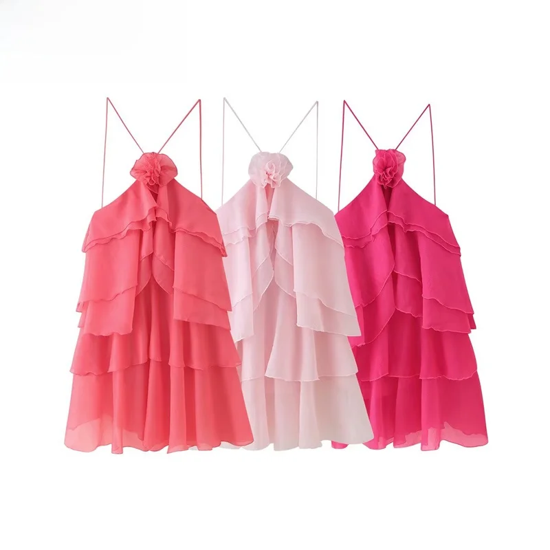Spring New Arrival Women's Dress Three-color Stereo Flower Decoration Layered Lace Trim Strapless Gown Elegant High Waist Pol...