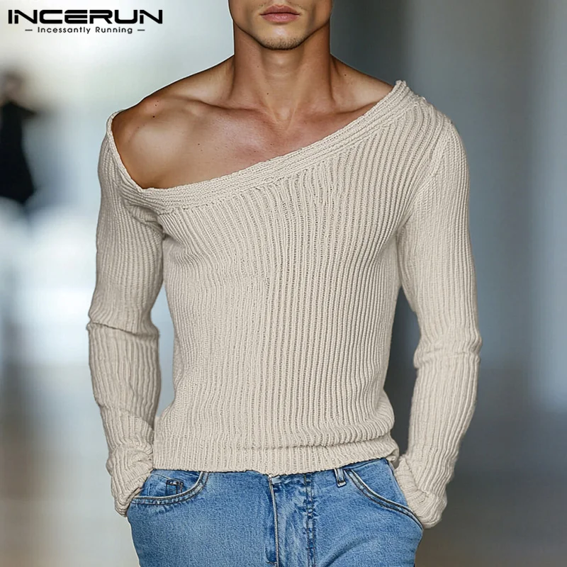 INCERUN Tops 2024 American Style Fashion Men V-neck Leather Buckle Texture T-shirt Casual Sexy Solid Long Sleeved Camiseta S-5XL