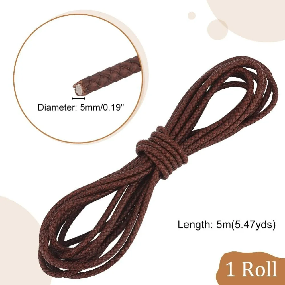 Round Braided Leather Cord 5mm, 5.47 Yards Bolo Round Rope for Jewelry Making Round Braided Bolo Leather Strip Leather Rope