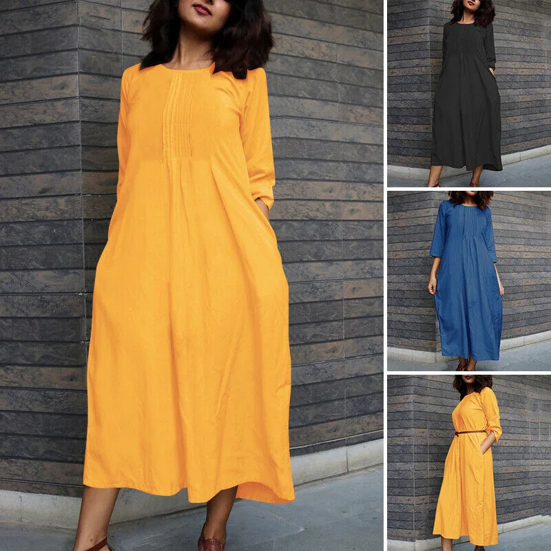 Women\'s clothing long dress cotton linen long sleeved western-style age reducing round neck casual pocket dress plus size